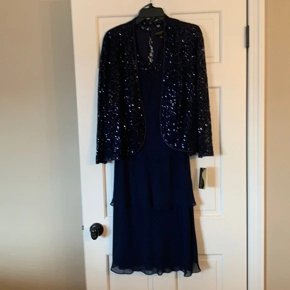 SL Fashions Sequin Lace Tier Jacket Dress 8 Navy Ladies